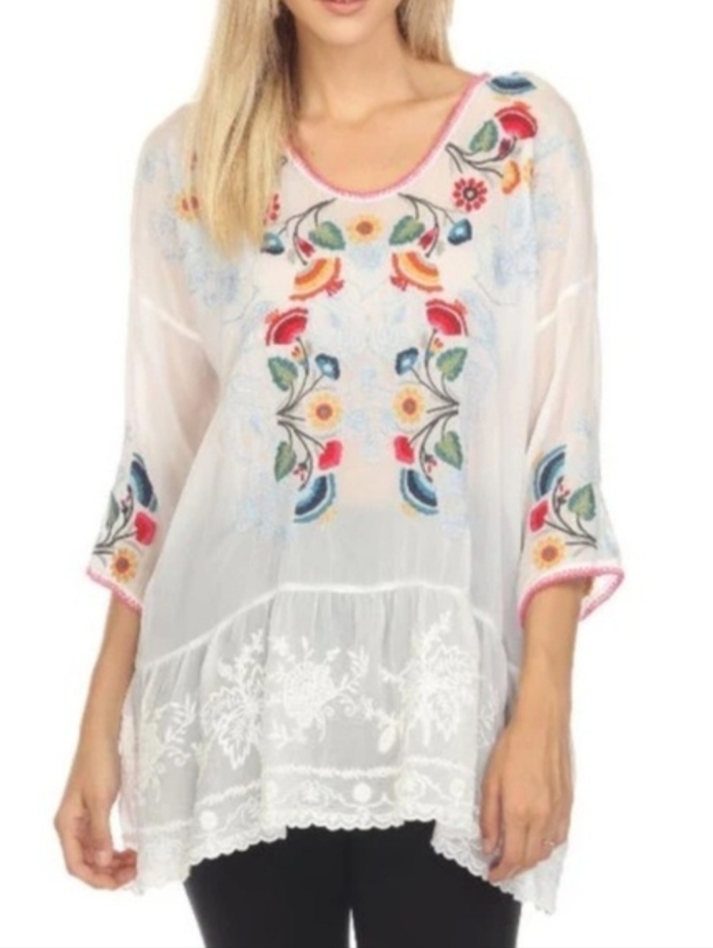 Johnny Was White Embroidered Floral Tunic with Multicolor Accents